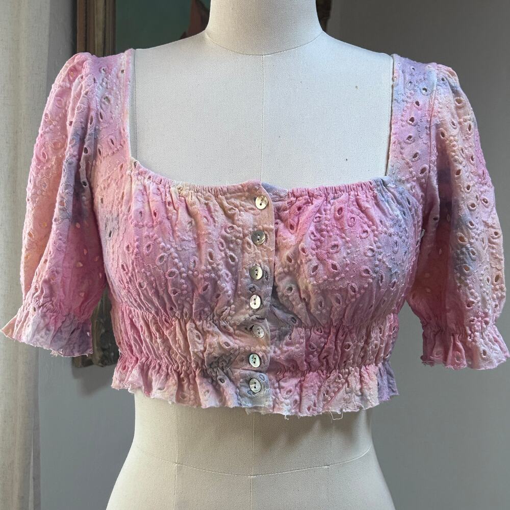 Milkmaid Crop Top Cotton Eyelet Puff Sleeve Rainbow Fairycore Festival XS S